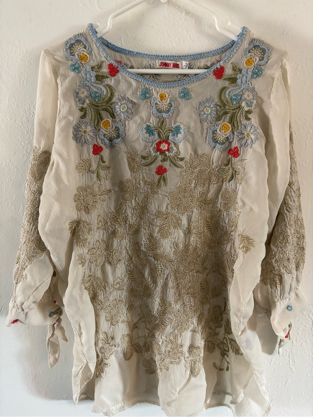Johnny Was Cream Floral Embroidered Peasant Blouse with Blue and Red Accents